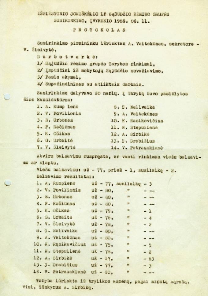 Išplėstinio Joniškėlio LP Sąjūdžio rėmimo grupės susirinkimo, įvykusio 1989.06.11, protokolas